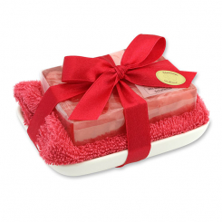 Handgemachte Glyzerin-Seife 90g in Folie auf Seifenschale, Kirsche 