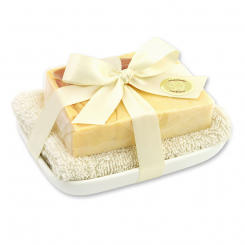 Handgemachte Glyzerin-Seife 90g in Folie auf Seifenschale, Kokos 