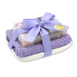 Handgemachte Glyzerin-Seife 90g in Folie auf Seifenschale, Lavendel 