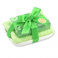 Handgemachte Glyzerin-Seife 90g in Folie auf Seifenschale, Maiglöckchen 