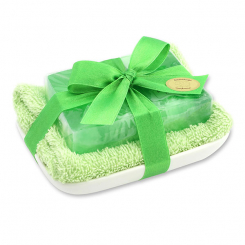 Handgemachte Glyzerin-Seife 90g in Folie auf Seifenschale, Minze 