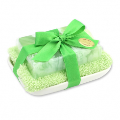 Handgemachte Glyzerin-Seife 90g in Folie auf Seifenschale, Orchidee grün 