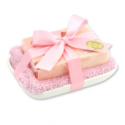 Handgemachte Glyzerin-Seife 90g in Folie auf Seifenschale, Rose rot 