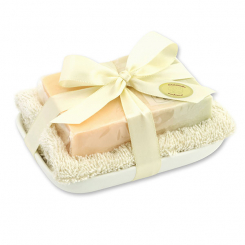 Handgemachte Glyzerin-Seife 90g in Folie auf Seifenschale, Tulpe 