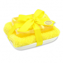 Handgemachte Glyzerin-Seife 90g in Folie auf Seifenschale, Zitrone 