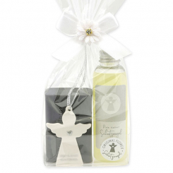 Care set 2 pieces decorated with guardian angel with heart in a cellophane bag, Classic/Christmas rose 