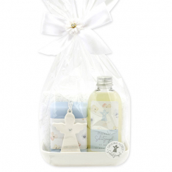 Care set 4 pieces decorated with guardian angel with heart in a cellophane bag, Classic/Forget-me-not 