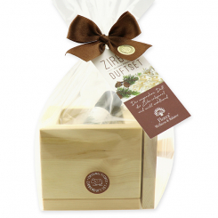 Swiss pine oil 10ml and swiss pine shavings in a swiss pine box, in a cellophane 