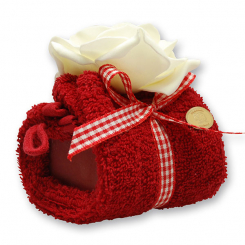 Sheep milk soap in a washcloth, decorated with a rose, Pomegranate 