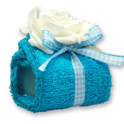 Schafmilchseife eckig 100g mit Waschlappen, dekoriert mit Rose, Kornblume 