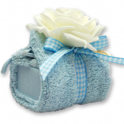 Schafmilchseife eckig 100g mit Waschlappen, dekoriert mit Rose, Vergissmeinnicht 