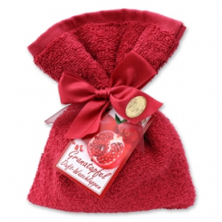 Waschlappen gefüllt mit Schafmilchseife Seifennadeln 200g, Granatapfel 