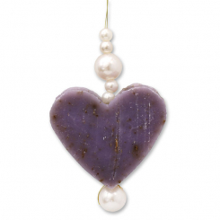 Schafmilchseife Herz mittel 23g hängend dekoriert mit Perlen, Lavendel 