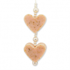 Schafmilchseife Herz mittel 2x23g hängend dekoriert mit Perlen, Wildrose mit Blüten 