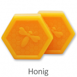Schafmilchseife 6-Eck 100g mit Wabe und Biene, Honig 