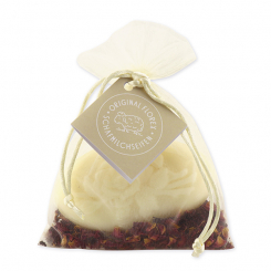 Schafmilchseife oval mit Rose 118g, mit Rosenblüten im Organzasackerl, Classic 