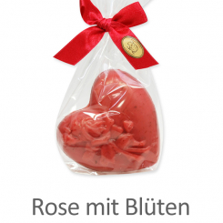 Sheep milk soap heart with rose 116g, in a cellophane, Rose with petals 