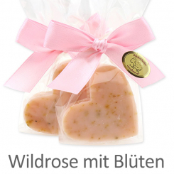 Sheep milk soap heart midi 23g in cellophane, Wild rose with petals 