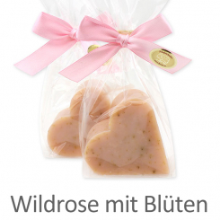 Sheep milk soap heart 65g, in a cellophane, Wild rose with petals 