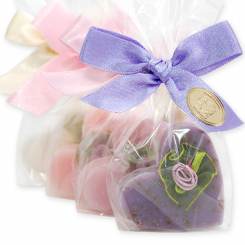 Schafmilchseife Herz mittel 23g, dekoriert mit Rose in Cello, sortiert 