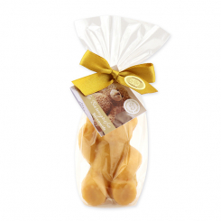 Sheep milk soap teddy bear big 120g, "Starke Bärengrüße" in a cellophane, Quince 