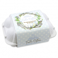 Schafmilchseifen Ostereier 61g "Frohe Ostern" im Eierkarton, Classic/Vergissmeinnicht 