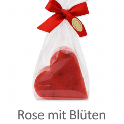Sheep milk soap heart 85g, in a cellophane, Rose with petals 