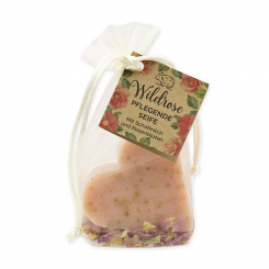 Schafmilchseife Herz groß 85g mit Rosenblüten im Organzasackerl "Wohlfühlzeit", Wildrose 