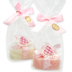 Sheep milk soap heart 85g, decorated with heart in a cellophane, Classic/peony 