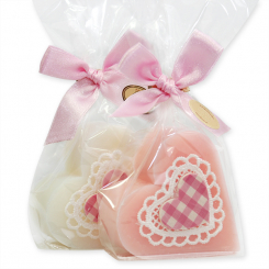 Sheep milk soap heart 85g, decorated with heart in a cellophane, Classic/peony 