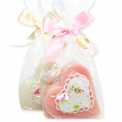 Sheep milk soap heart 85g, decorated with a heart in a cellophane, Classic/peony 