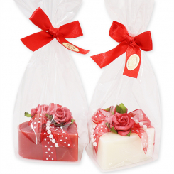 Sheep milk soap heart 85g, decorated with a rose in a cellophane, Classic/pomegranate 