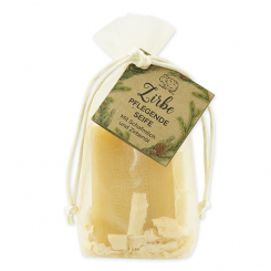 Schafmilchseife eckig 100g mit Zirbenspäne im Organzasackerl "Wohlfühlzeit", Zirbe 