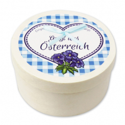 Sheep milk soap heart 65g with swiss pine shavings in a box "Greetings from Austria", Classic 