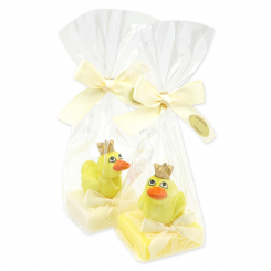 Schafmilchseife Quadrat 35g dekoriert mit Ente in Cello, Classic/Grapefruit 