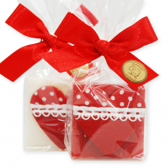 Schafmilchseife Quadrat 35g dekoriert mit Stoffherz in Cello, Classic/ Granatapfel 