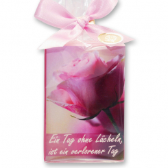 Sheep milk soap 150g in a cellophane bag "Ein Tag ohne Lächeln, ist ein verlorener Tag", Peony 