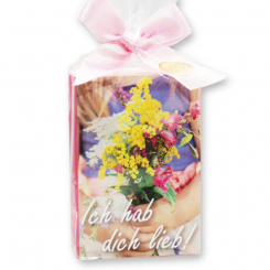 Schafmilchseife eckig 150g in Cello "Ich hab dich lieb", Pfingstrose 