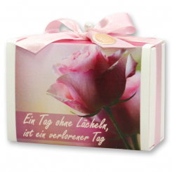 Sheep milk soap 150g in a box "Ein Tag ohne Lächeln, ist ein verlorener Tag", Peony 