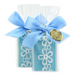 Schafmilchseife Gästeseife 25g, dekoriert mit Blumenband in Cello, Classic/Vergissmeinnicht 