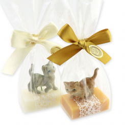 Schafmilchseife Gästeseife 25g dekoriert mit Katze in Cello, Classic/Zirbe 