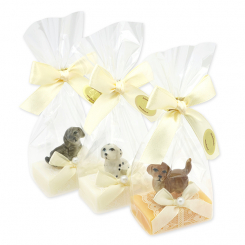 Schafmilchseife Gästeseife 25g dekoriert mit Hund in Cello, sortiert 