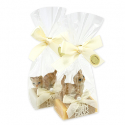 Schafmilchseife Gästeseife 25g dekoriert mit Katze in Cello, Classic/Zirbe 