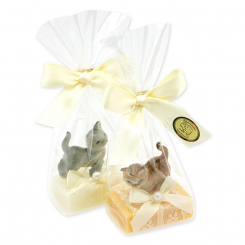 Schafmilchseife Gästeseife 25g dekoriert mit Katze in Cello, Classic/Zirbe 