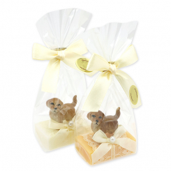 Schafmilchseife Gästeseife 25g dekoriert mit Hund in Cello, Classic/Zirbe 