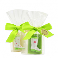 Schafmilchseife Gästeseife 25g dekoriert mit Gartenstiefel in Cello, Classic/Birne 
