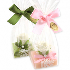 Schafmilchseife Quadrat 35g dekoriert mit Rose in Cello, Eisenkraut/Pfingstrose 