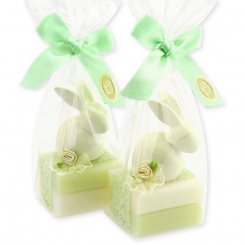 Schafmilchseife Quadrat 2x35g dekoriert mit Hase in Cello, Classic/Wiesenblume 