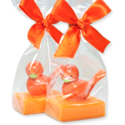 Schafmilchseide Gästeseife 25g, dekoriert mit Vogel in Cello, Orange 