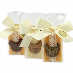 Schafmilchseife Gästeseife 25g dekoriert mit Huhn in Cello, Classic/Zirbe 